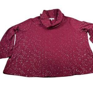 EMILY DANIELS Burgundy Sparkle Cowl Neck Long Sleeve Relaxed Top Plus 2X Soft